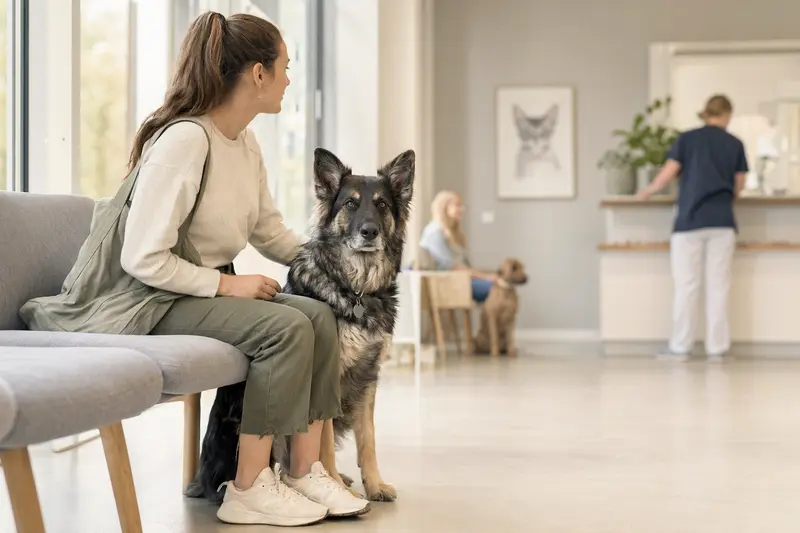 Ein Kanadischer Schäferhund sitzt ruhig neben seinem Besitzer im hellen Wartezimmer einer modernen Tierarztpraxis.